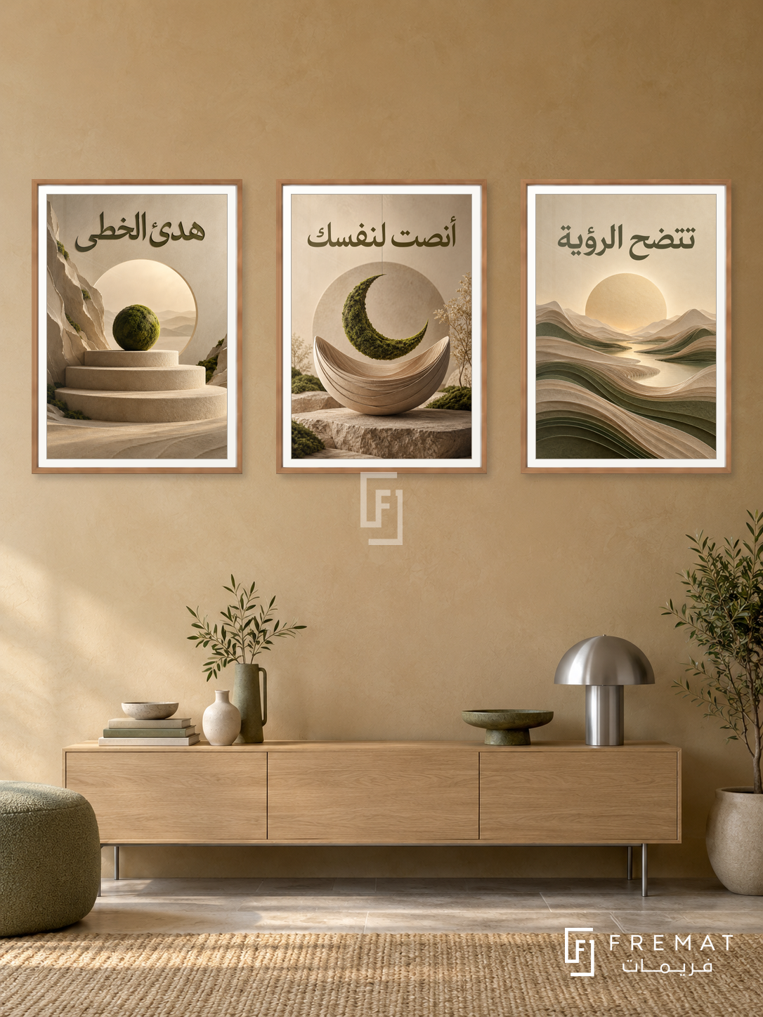 Space Within — set of three complementary quotes artworks in Wooden Texture frames, shown at 50×70 cm each.