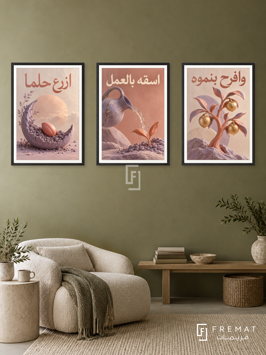 Care for a Dream — set of three complementary quotes artworks in Black frames, shown at 50×70 cm each.