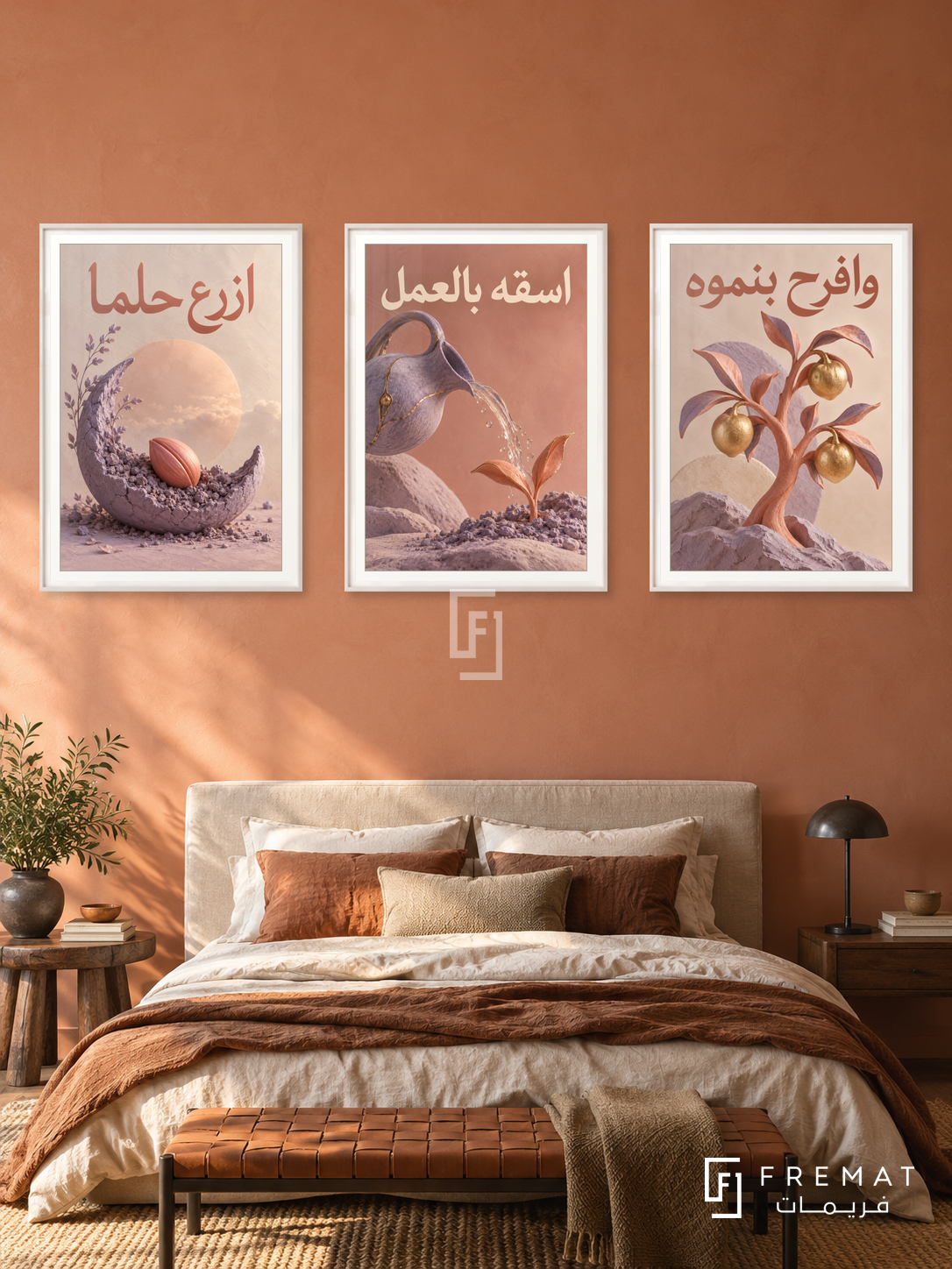 Care for a Dream — set of three complementary quotes artworks in White frames, shown at 50×70 cm each.