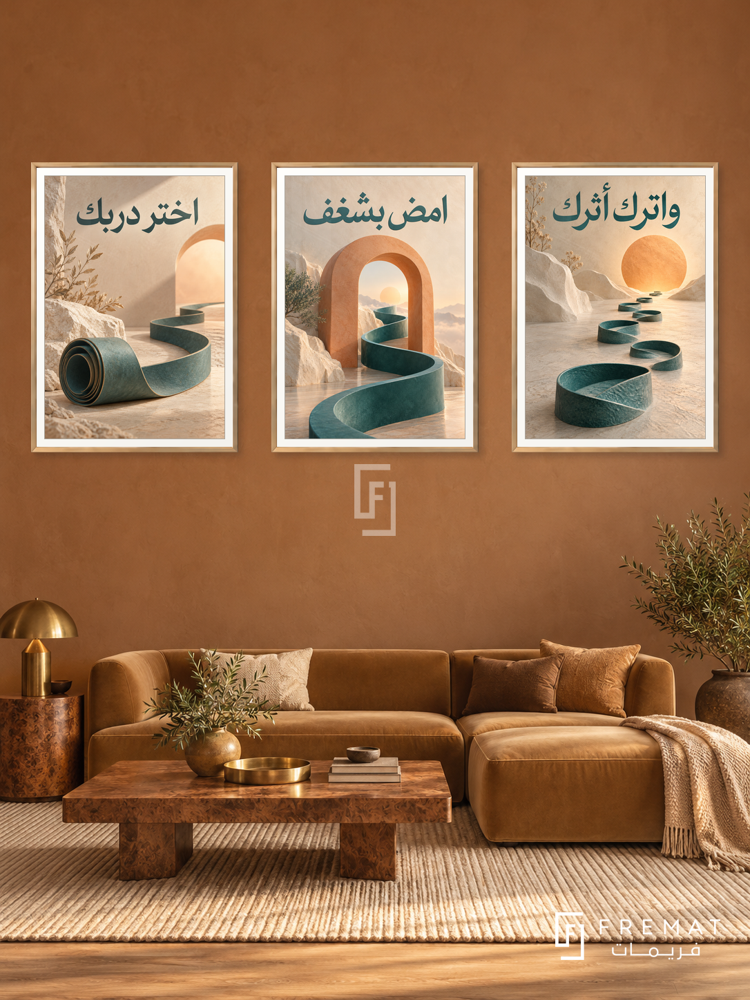Your Own Path — set of three complementary quotes artworks in Gold frames, shown at 50×70 cm each.
