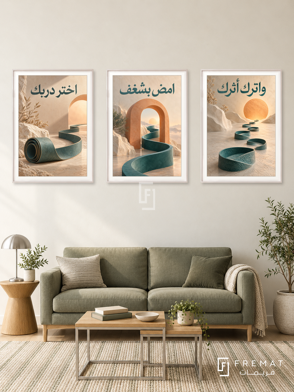 Your Own Path — set of three complementary quotes artworks in White frames, shown at 50×70 cm each.