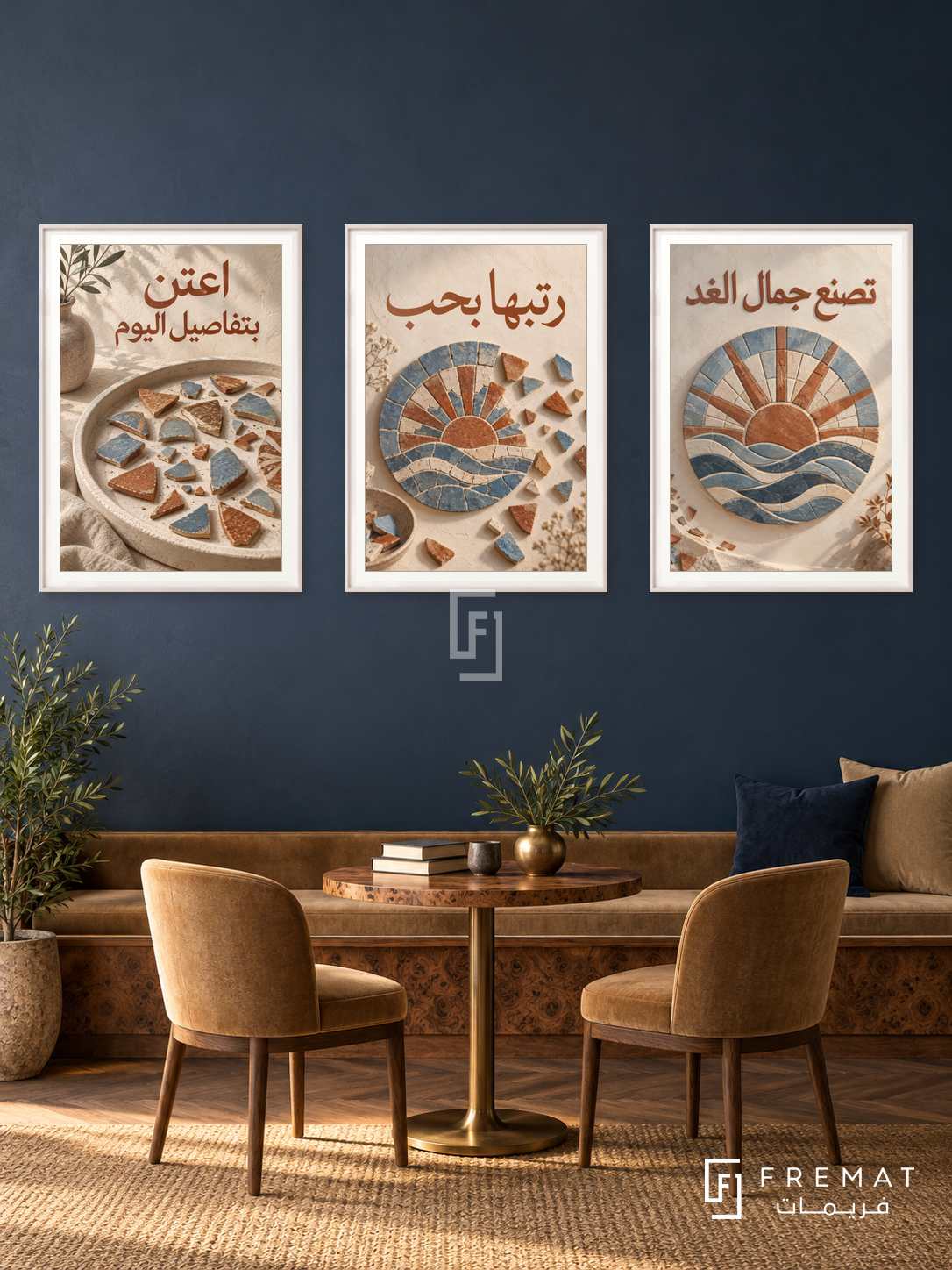 A Beautiful Tomorrow — set of three complementary quotes artworks in White frames, shown at 50×70 cm each.