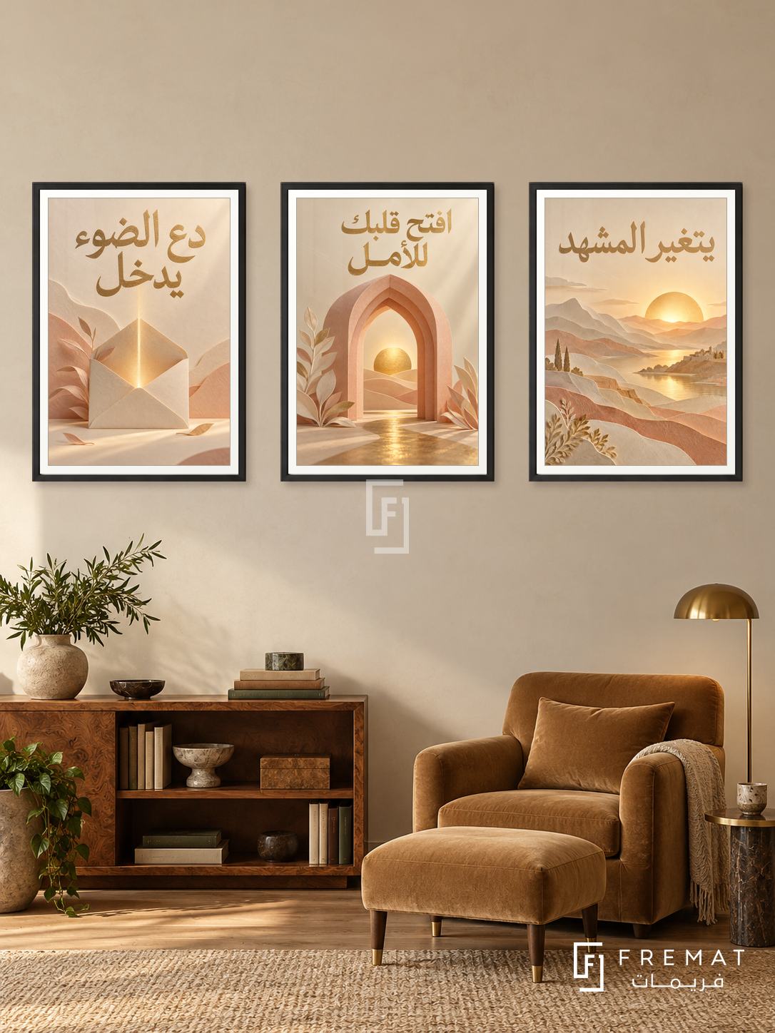 An Invitation to Light — set of three complementary quotes artworks in Black frames, shown at 50×70 cm each.