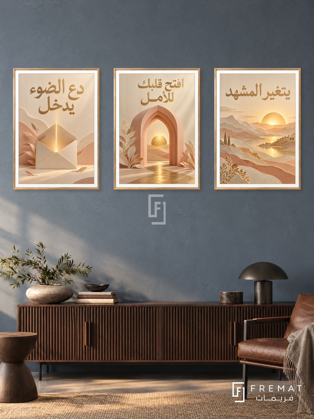 An Invitation to Light — set of three complementary quotes artworks in Gold frames, shown at 50×70 cm each.