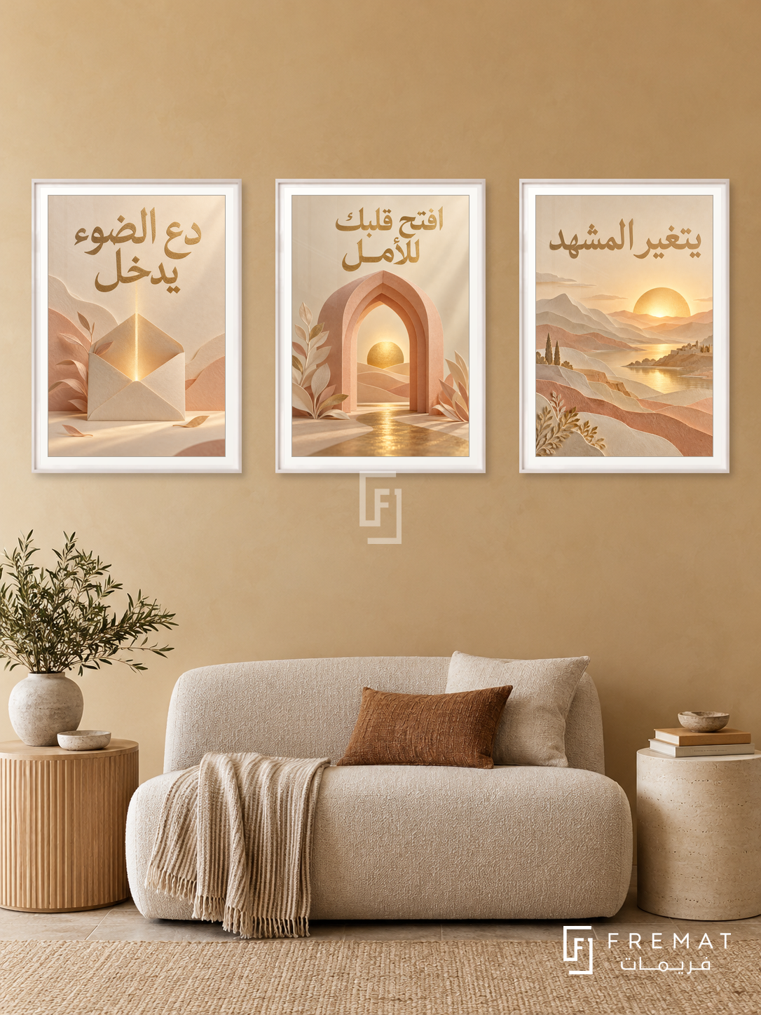 An Invitation to Light — set of three complementary quotes artworks in White frames, shown at 50×70 cm each.