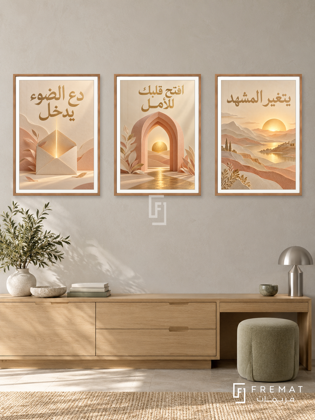 An Invitation to Light — set of three complementary quotes artworks in Wooden Texture frames, shown at 50×70 cm each.