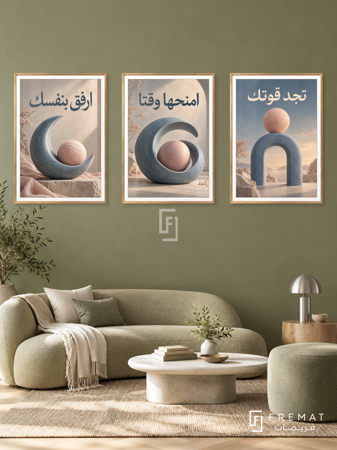 Gentle Strength — set of three complementary quotes artworks in Gold frames, shown at 50×70 cm each.
