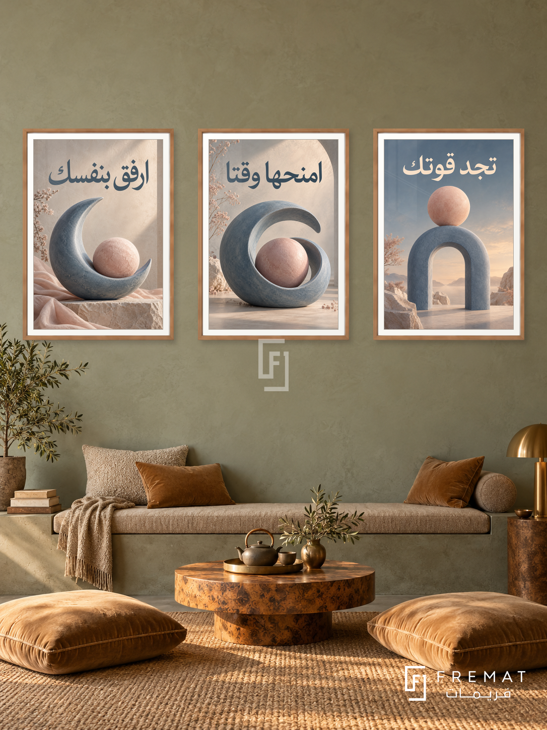 Gentle Strength — set of three complementary quotes artworks in Wooden Texture frames, shown at 50×70 cm each.