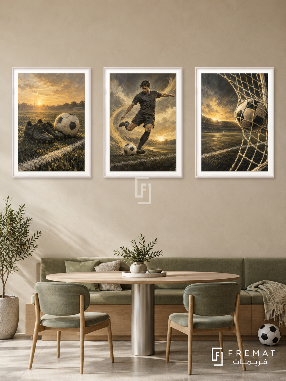 Football — set of three complementary sports artworks in White frames, shown at 50×70 cm each.