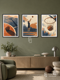 Basketball — set of three complementary sports artworks in Black frames, shown at 50×70 cm each.