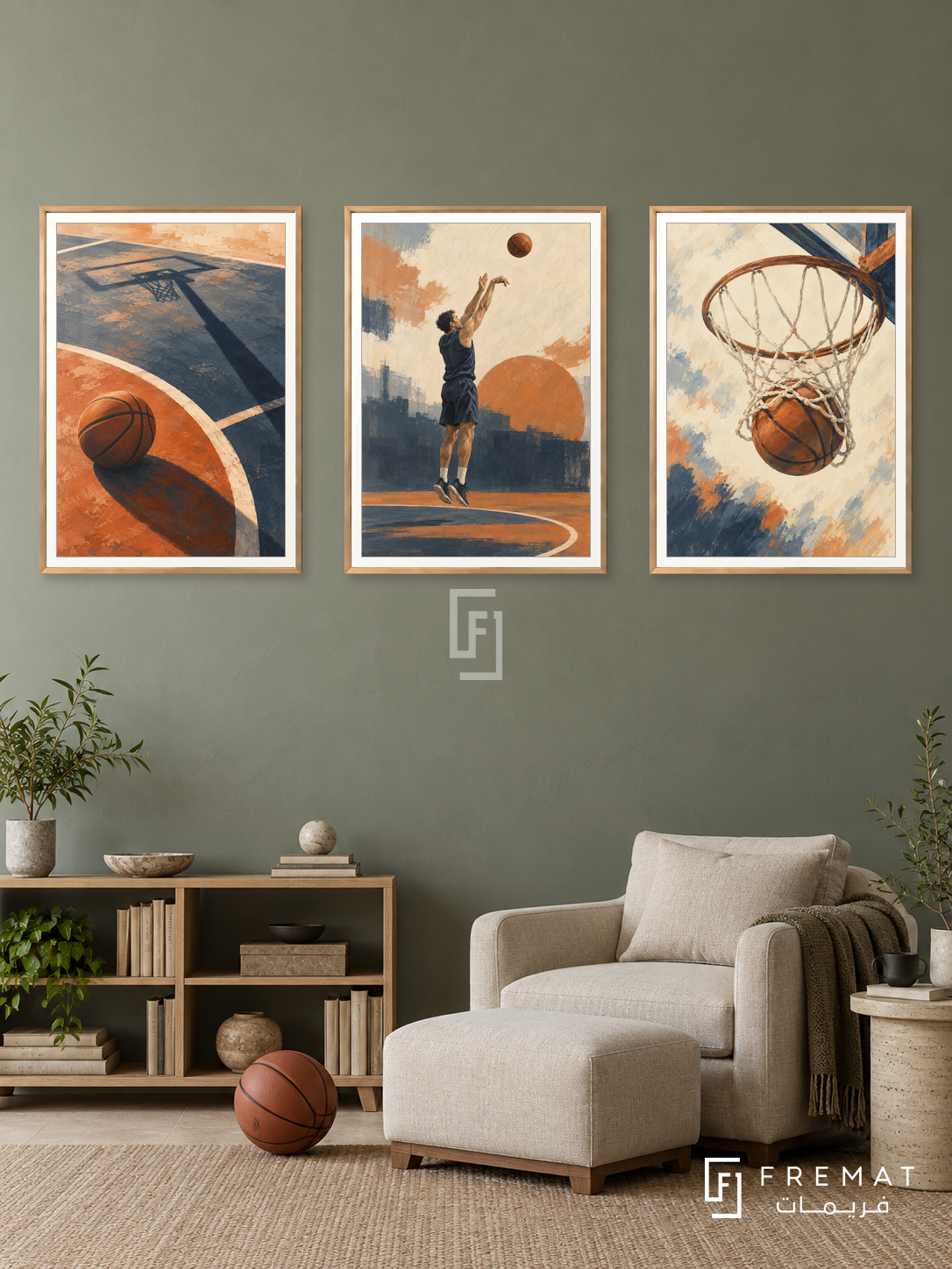 Basketball — set of three complementary sports artworks in Gold frames, shown at 50×70 cm each.