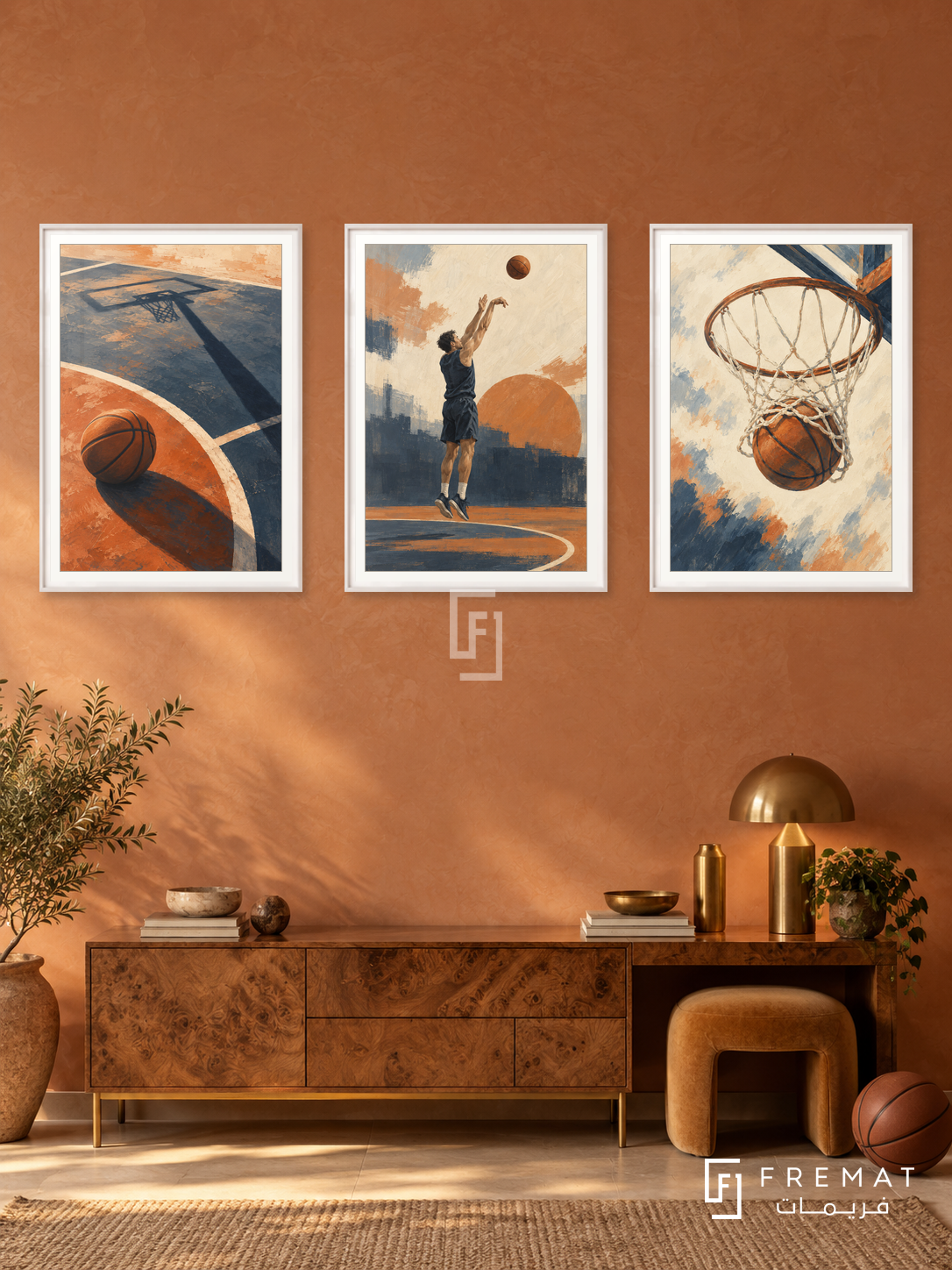 Basketball — set of three complementary sports artworks in White frames, shown at 50×70 cm each.
