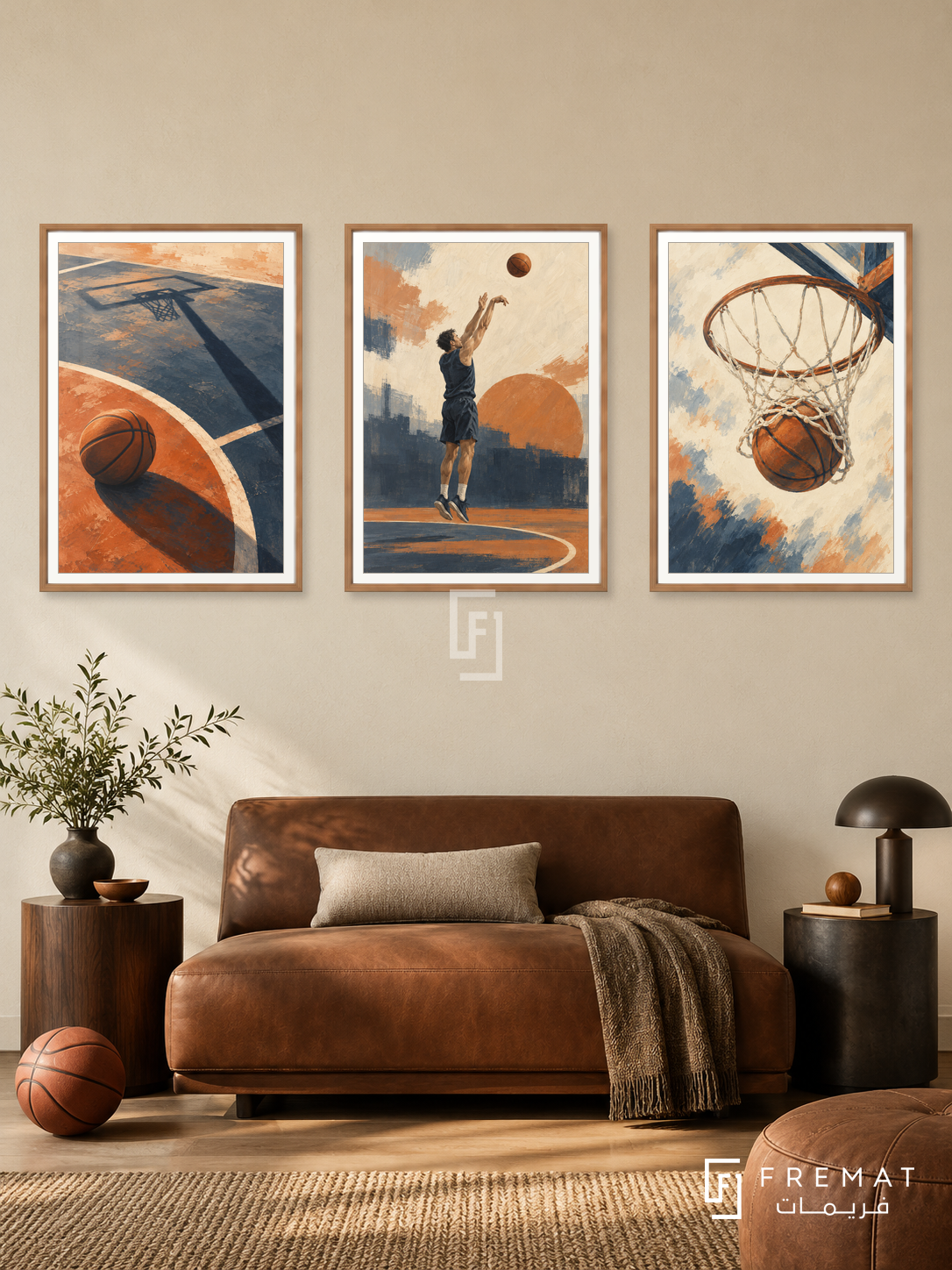 Basketball — set of three complementary sports artworks in Wooden Texture frames, shown at 50×70 cm each.