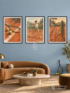 Tennis — set of three complementary sports artworks in Black frames, shown at 50×70 cm each.