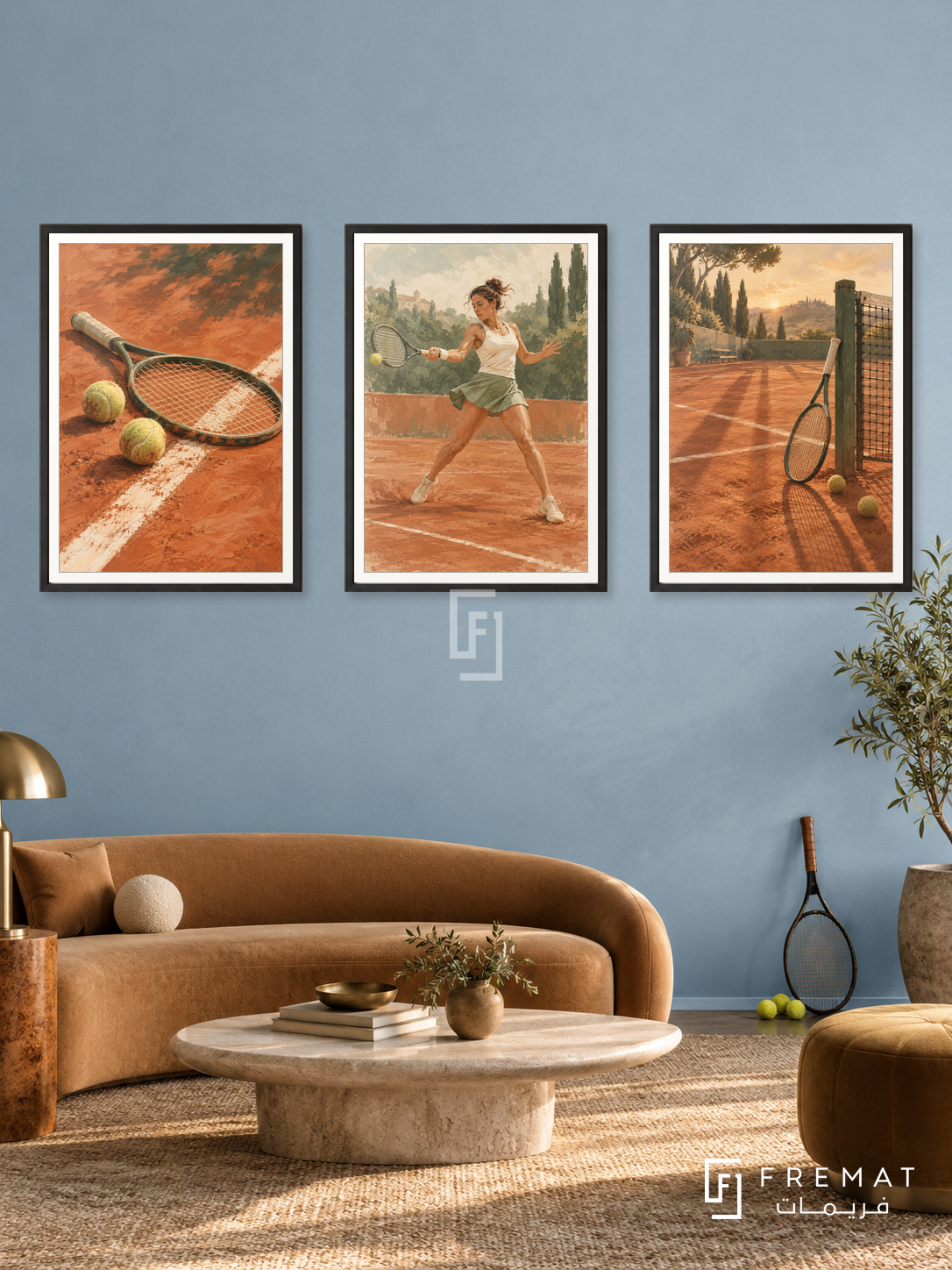 Tennis — set of three complementary sports artworks in Black frames, shown at 50×70 cm each.