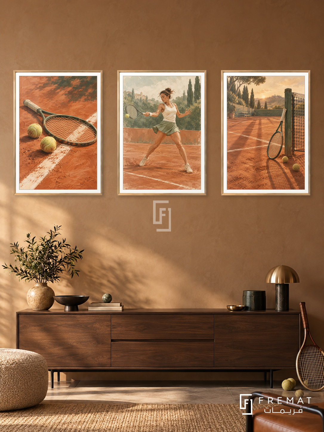 Tennis — set of three complementary sports artworks in Gold frames, shown at 50×70 cm each.