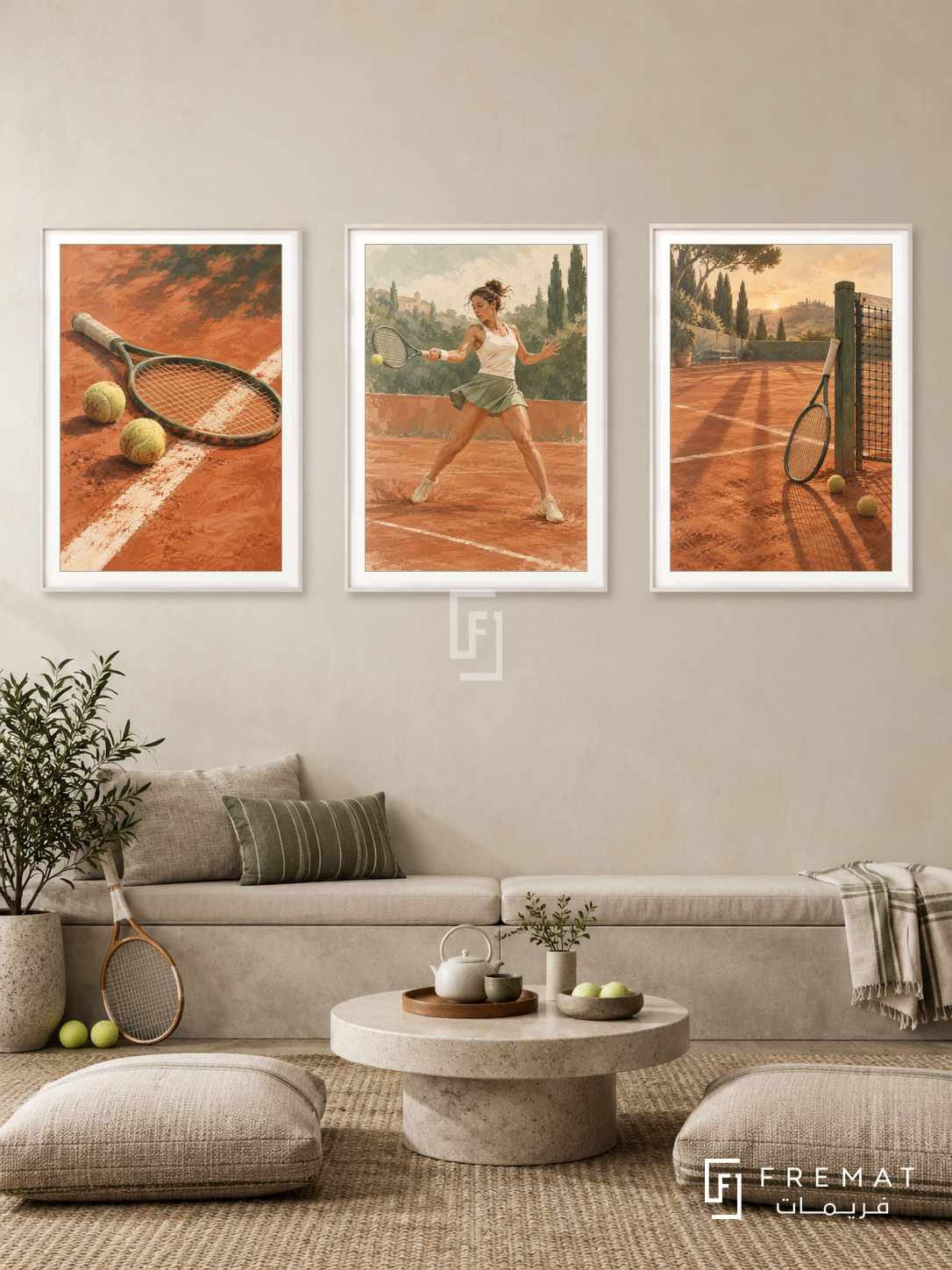 Tennis — set of three complementary sports artworks in White frames, shown at 50×70 cm each.