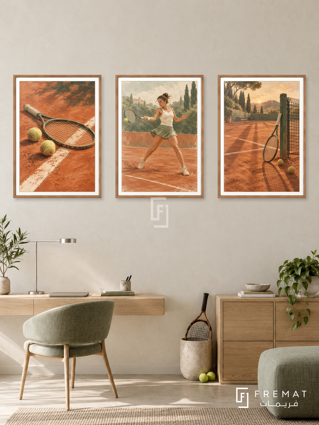 Tennis — set of three complementary sports artworks in Wooden Texture frames, shown at 50×70 cm each.