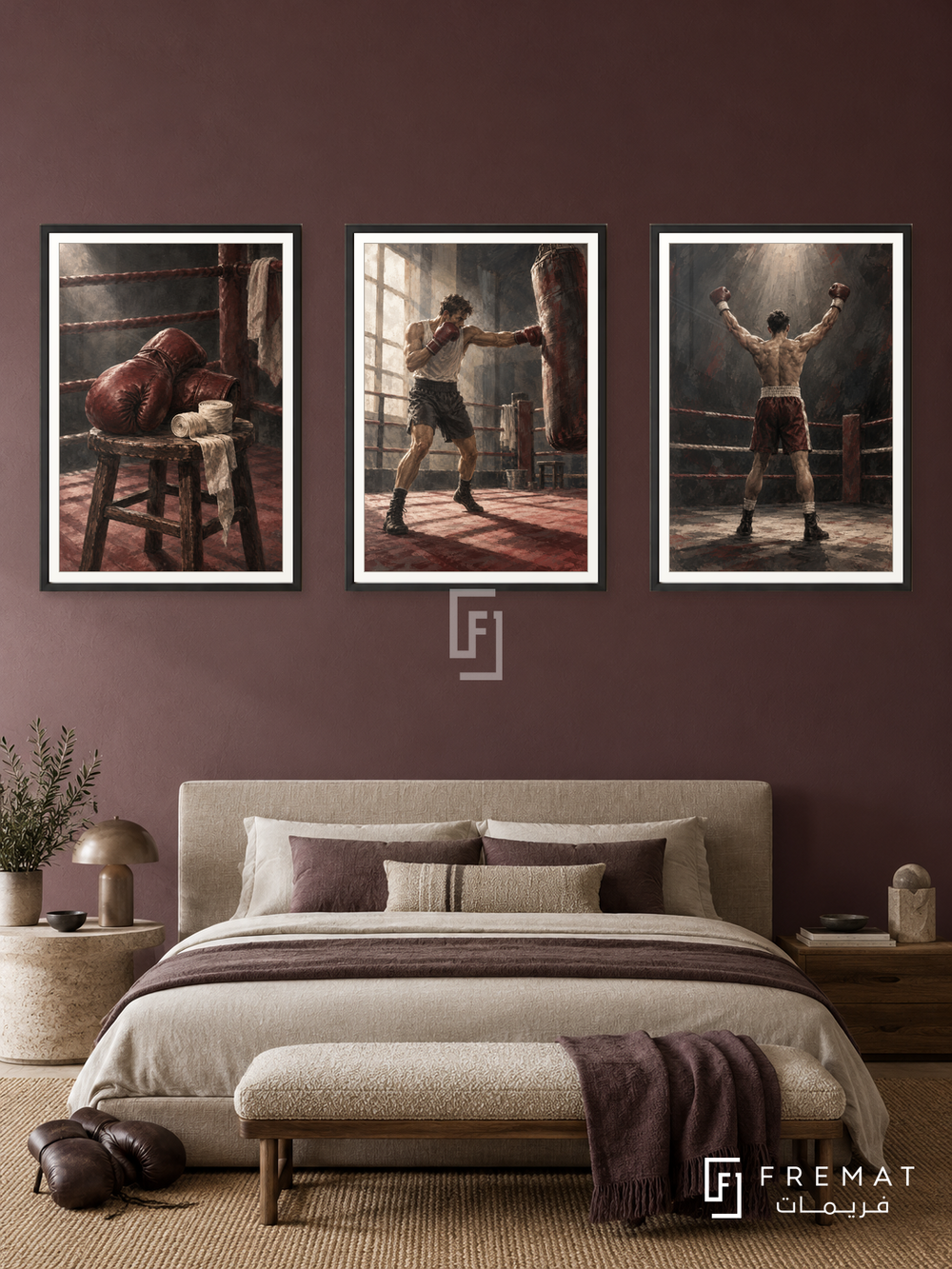 Boxing — set of three complementary sports artworks in Black frames, shown at 50×70 cm each.