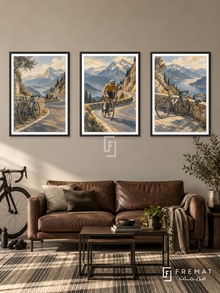 Cycling — set of three complementary sports artworks in Black frames, shown at 50×70 cm each.