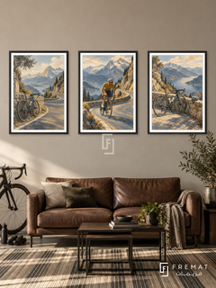 Cycling — set of three complementary sports artworks in Black frames, shown at 50×70 cm each.