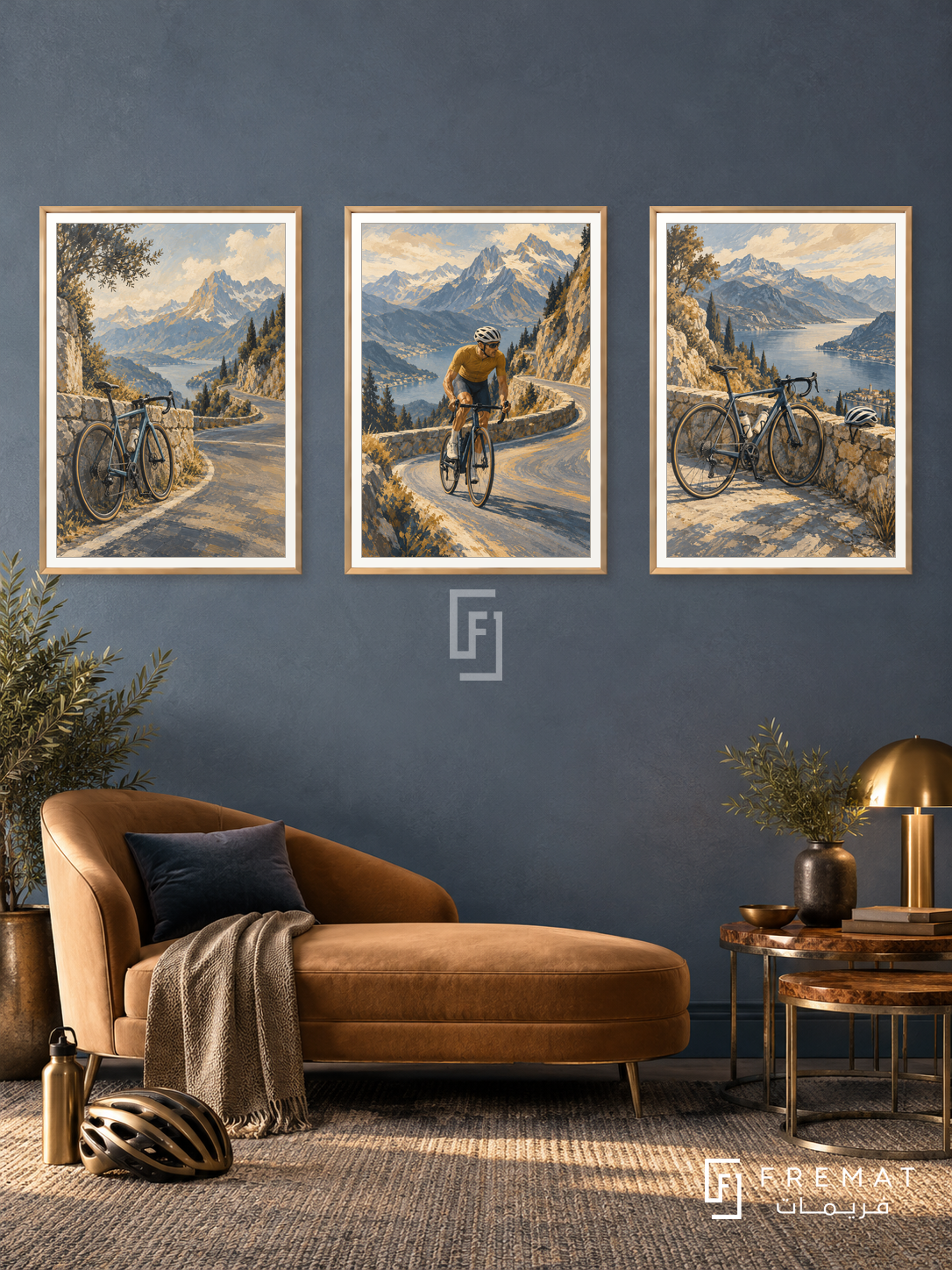 Cycling — set of three complementary sports artworks in Gold frames, shown at 50×70 cm each.