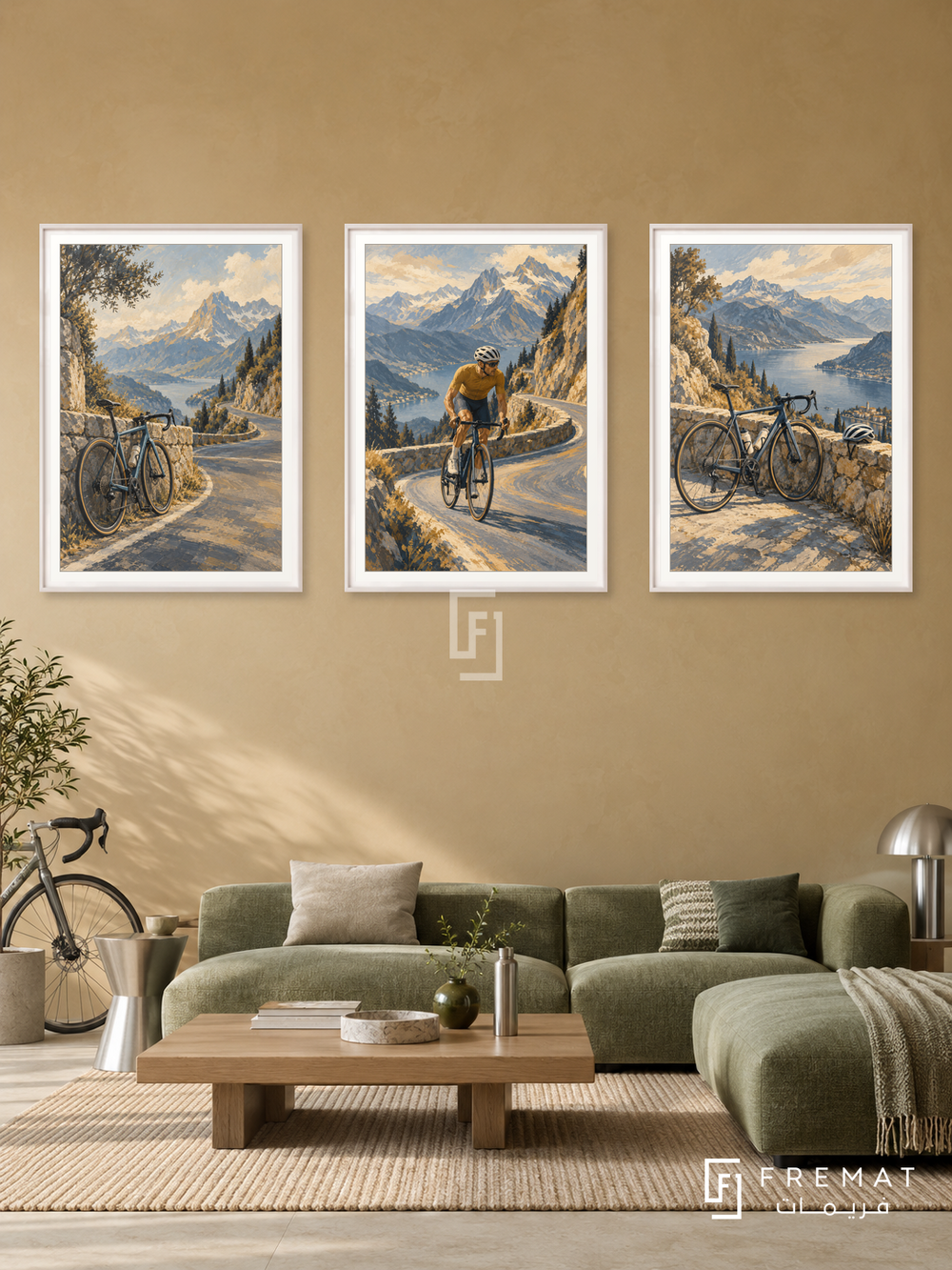 Cycling — set of three complementary sports artworks in White frames, shown at 50×70 cm each.
