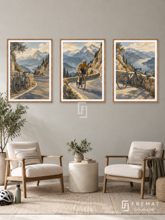 Cycling — set of three complementary sports artworks in Wooden Texture frames, shown at 50×70 cm each.