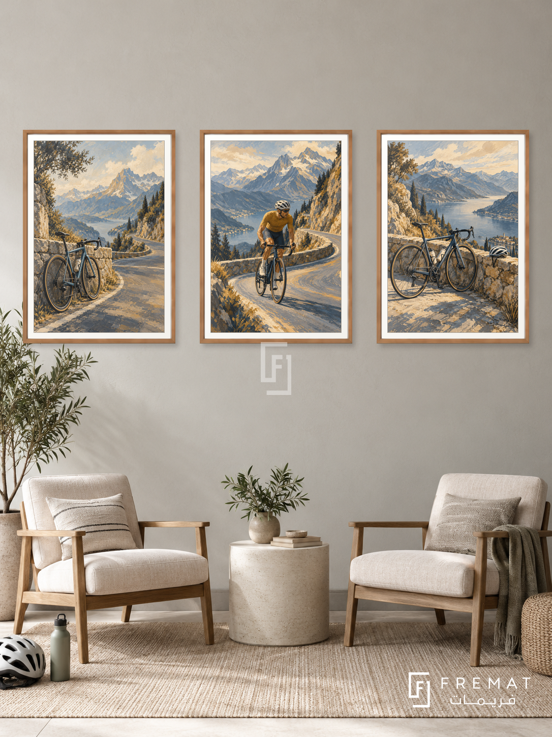 Cycling — set of three complementary sports artworks in Wooden Texture frames, shown at 50×70 cm each.