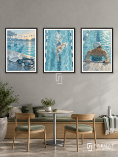 Swimming — set of three complementary sports artworks in Black frames, shown at 50×70 cm each.