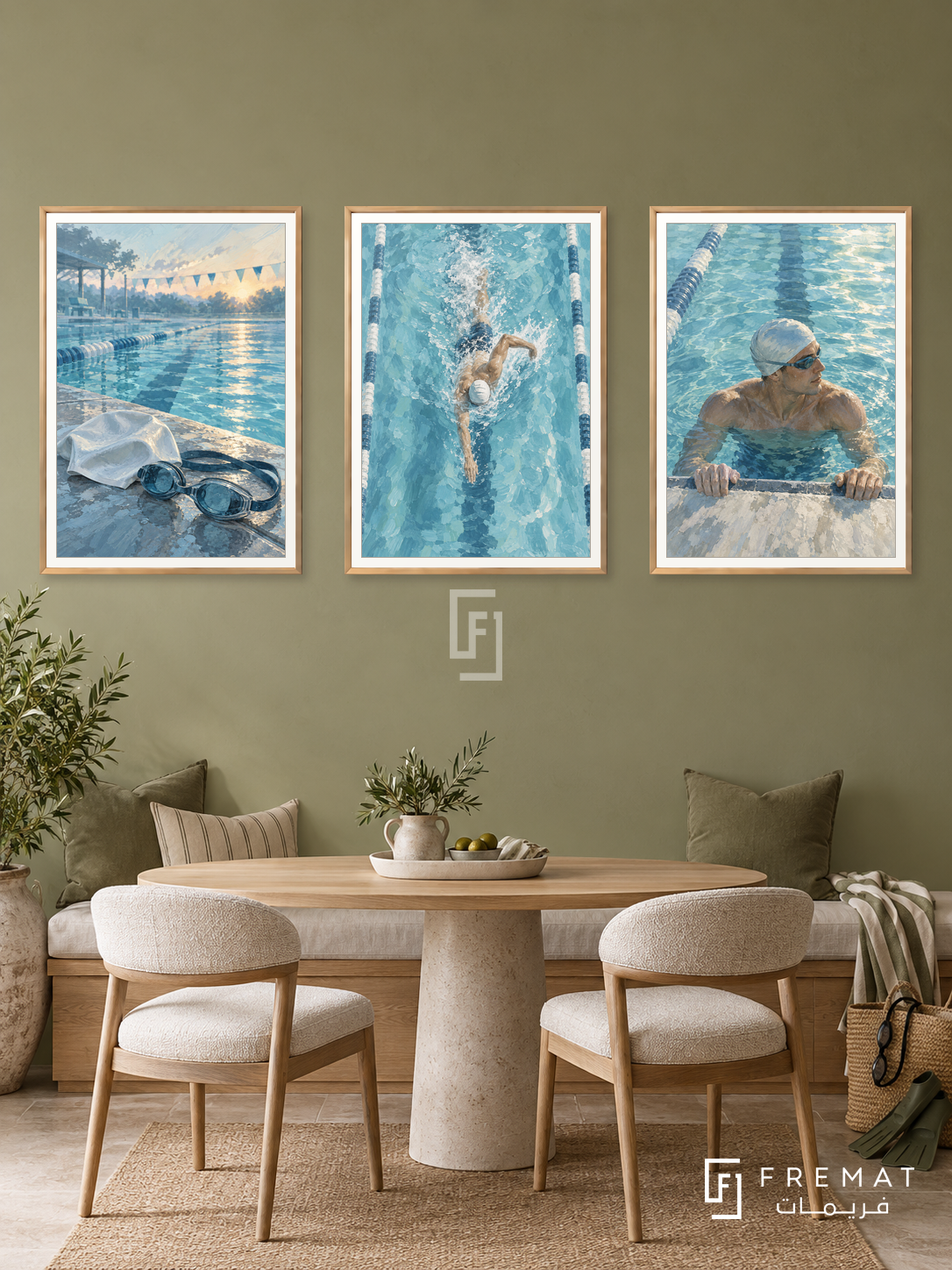 Swimming — set of three complementary sports artworks in Gold frames, shown at 50×70 cm each.