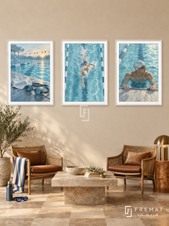 Swimming — set of three complementary sports artworks in White frames, shown at 50×70 cm each.