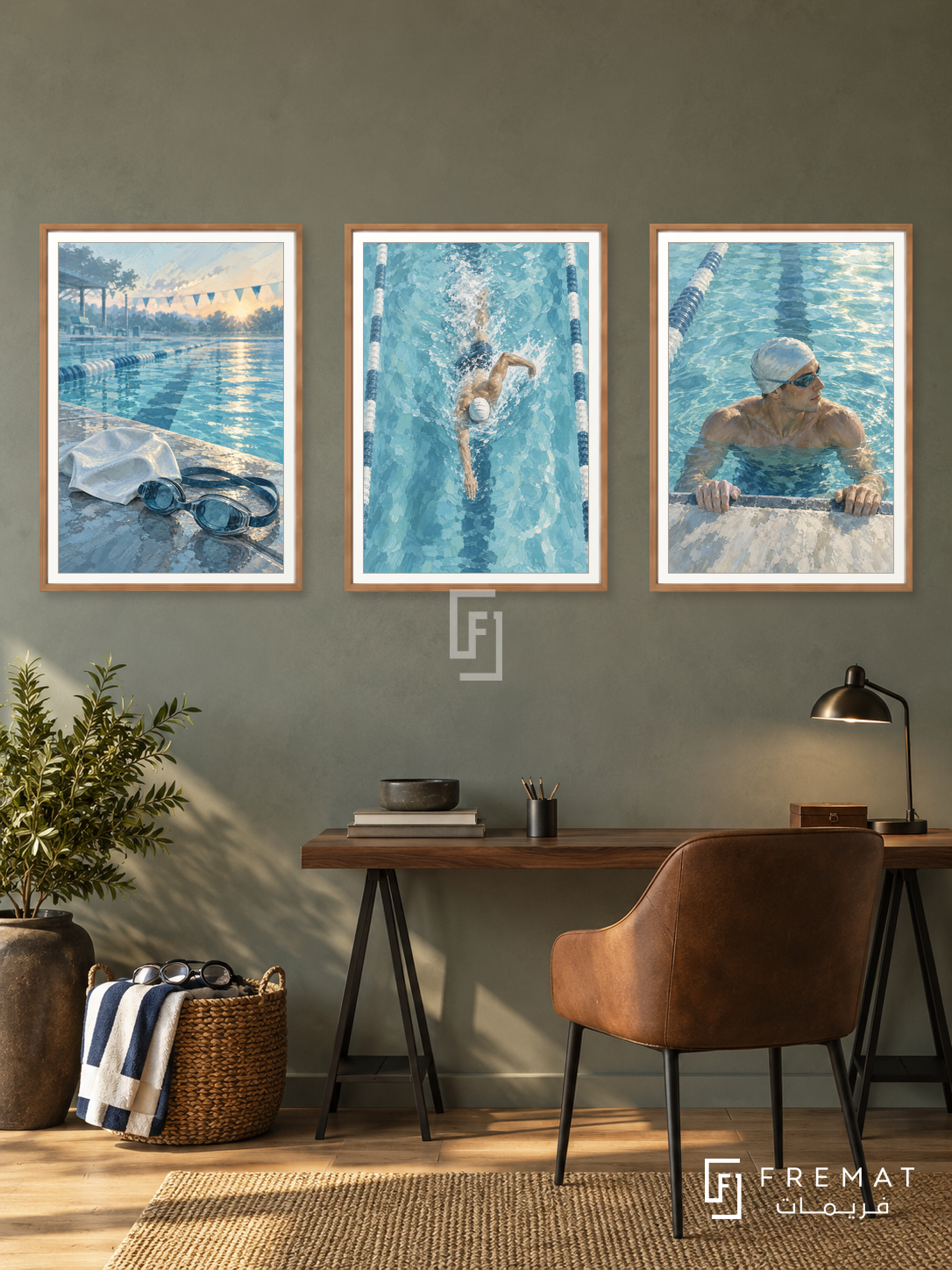 Swimming — set of three complementary sports artworks in Wooden Texture frames, shown at 50×70 cm each.