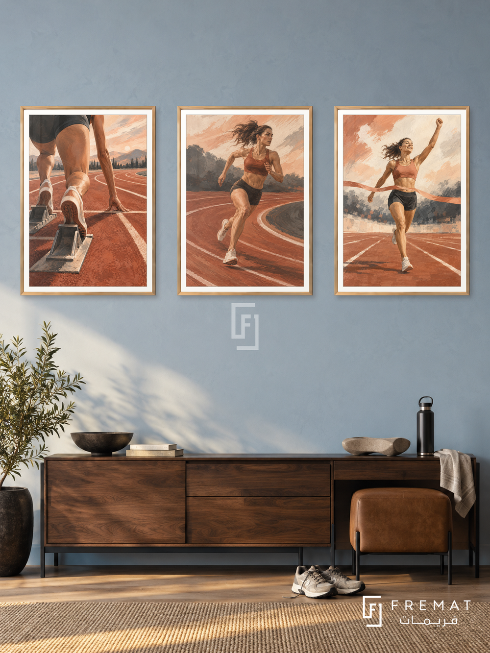 Running — set of three complementary sports artworks in Gold frames, shown at 50×70 cm each.