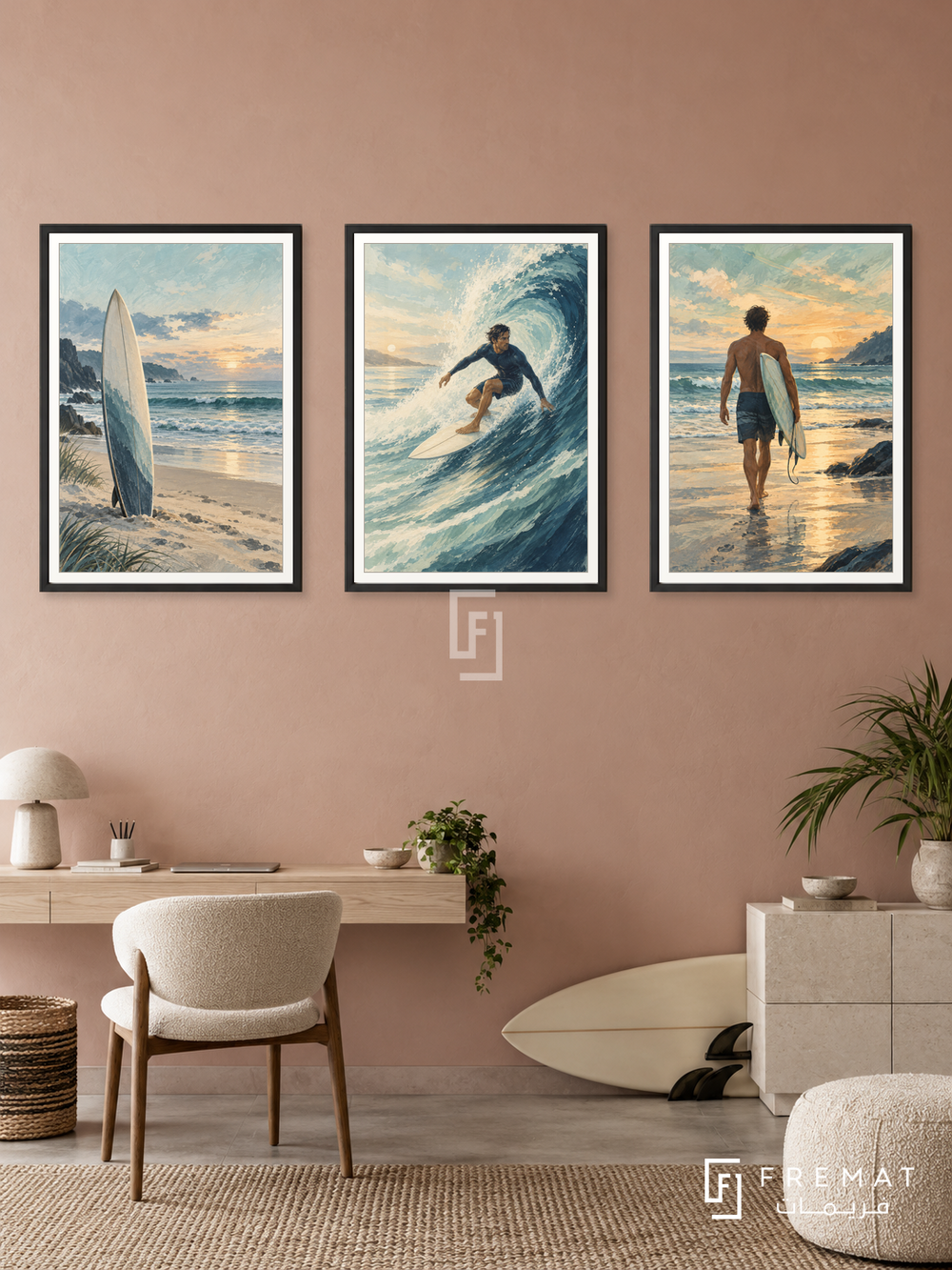 Surfing — set of three complementary sports artworks in Black frames, shown at 50×70 cm each.