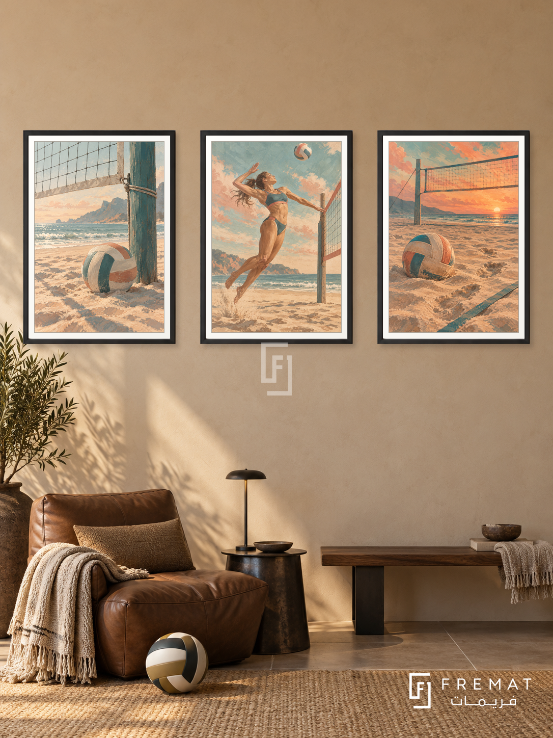 Volleyball — set of three complementary sports artworks in Black frames, shown at 50×70 cm each.