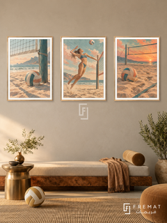 Volleyball — set of three complementary sports artworks in Gold frames, shown at 50×70 cm each.
