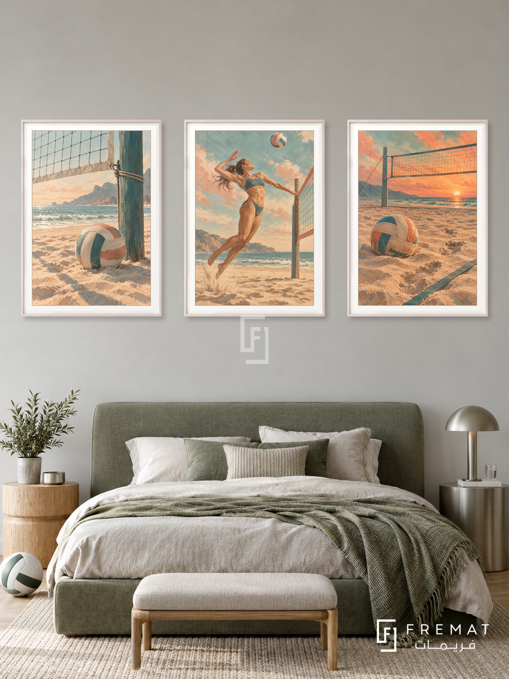 Volleyball — set of three complementary sports artworks in White frames, shown at 50×70 cm each.