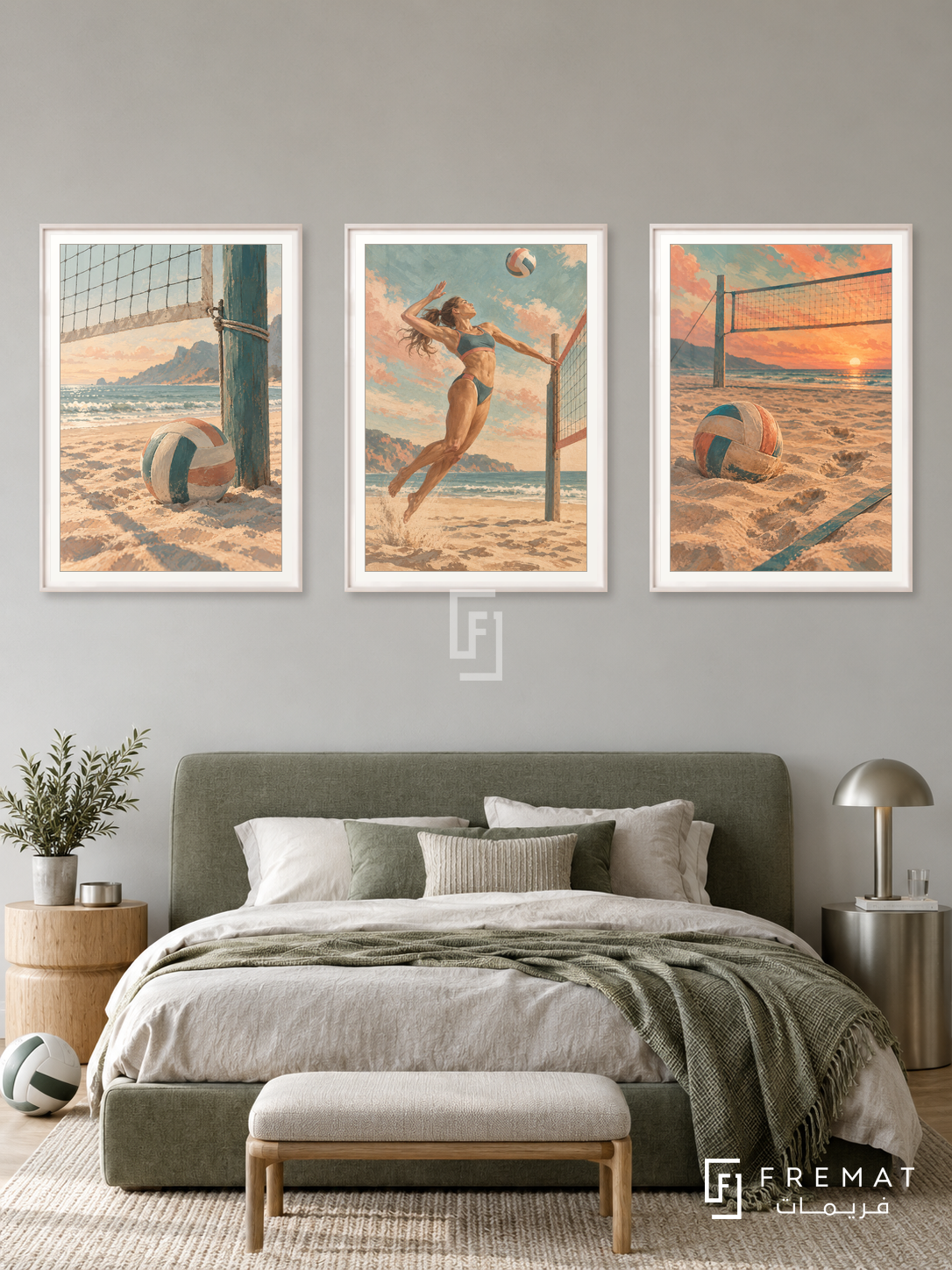 Volleyball — set of three complementary sports artworks in White frames, shown at 50×70 cm each.