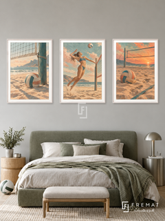 Volleyball — set of three complementary sports artworks in White frames, shown at 50×70 cm each.
