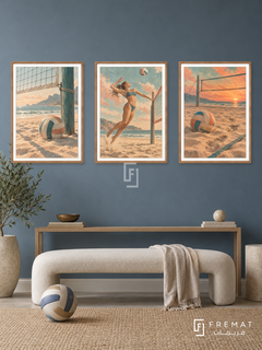 Volleyball — set of three complementary sports artworks in Wooden Texture frames, shown at 50×70 cm each.