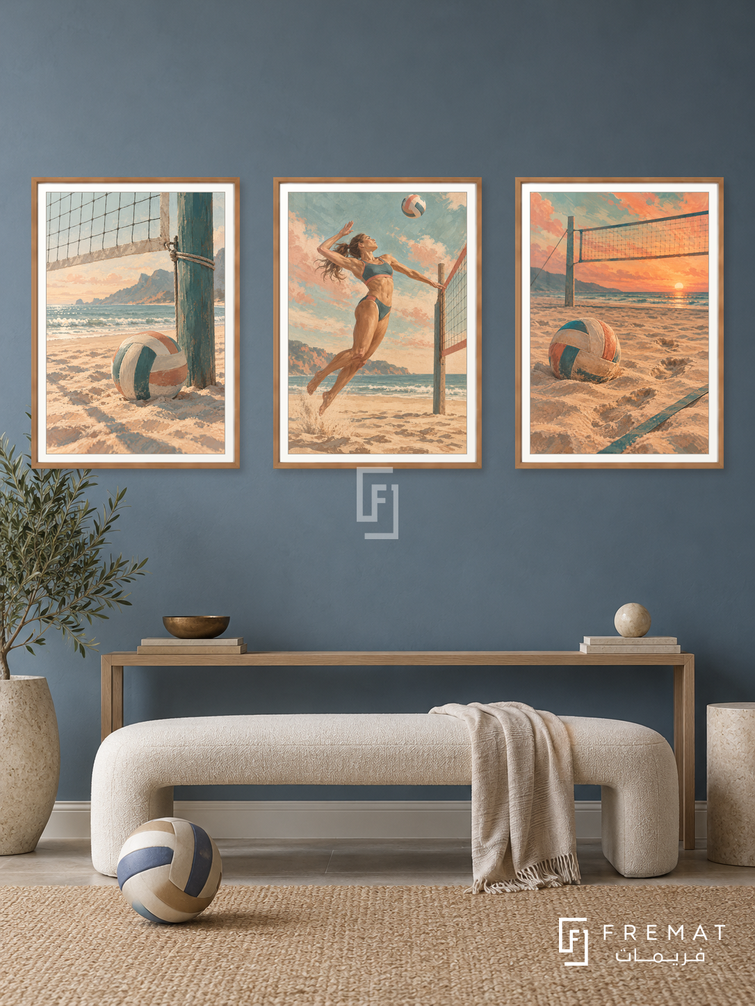 Volleyball — set of three complementary sports artworks in Wooden Texture frames, shown at 50×70 cm each.