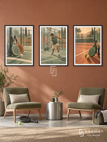 Padel — set of three complementary sports artworks in Black frames, shown at 50×70 cm each.