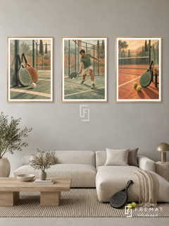 Padel — set of three complementary sports artworks in Gold frames, shown at 50×70 cm each.