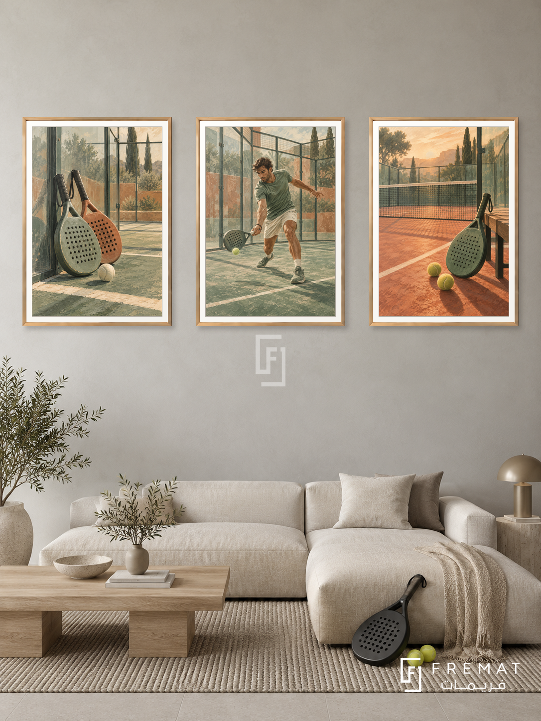 Padel — set of three complementary sports artworks in Gold frames, shown at 50×70 cm each.