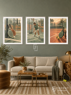 Padel — set of three complementary sports artworks in White frames, shown at 50×70 cm each.