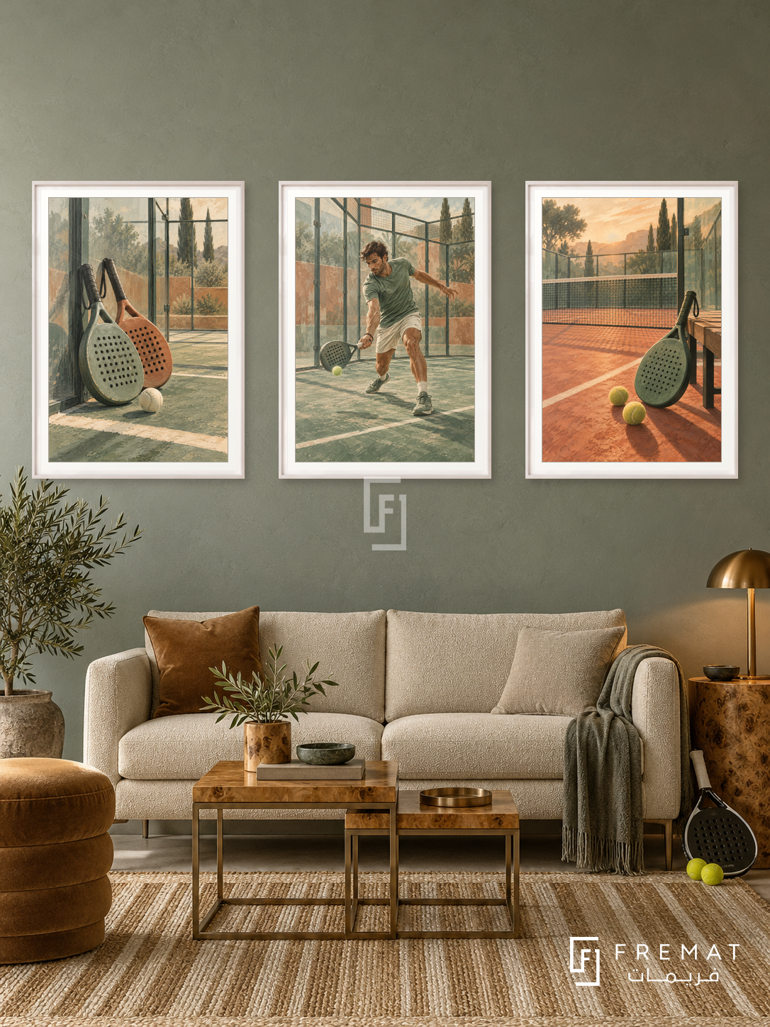Padel — set of three complementary sports artworks in White frames, shown at 50×70 cm each.
