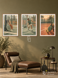 Padel — set of three complementary sports artworks in Wooden Texture frames, shown at 50×70 cm each.