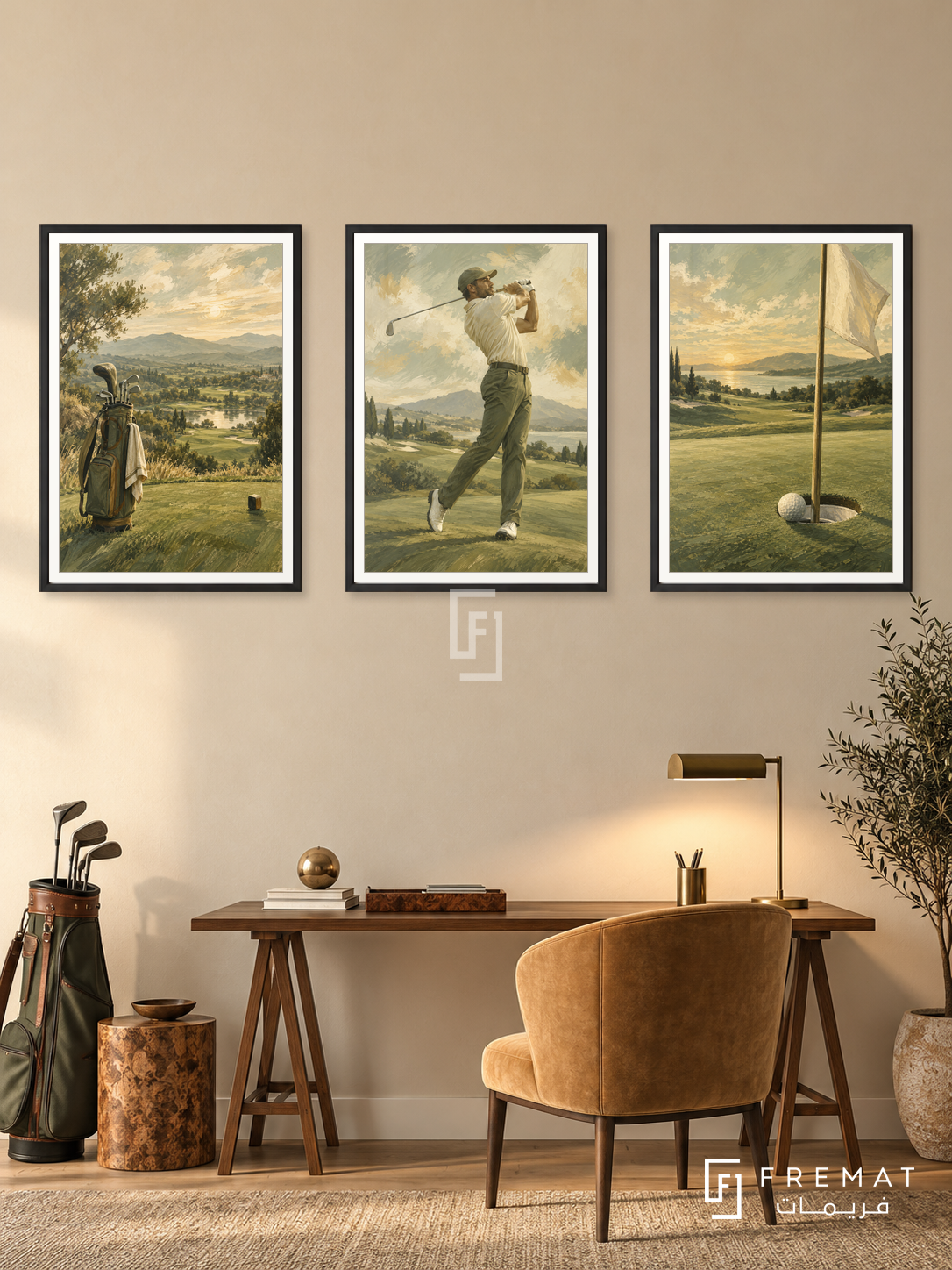 Golf — set of three complementary sports artworks in Black frames, shown at 50×70 cm each.