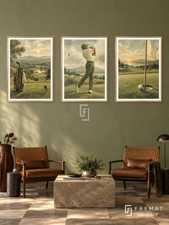 Golf — set of three complementary sports artworks in Gold frames, shown at 50×70 cm each.